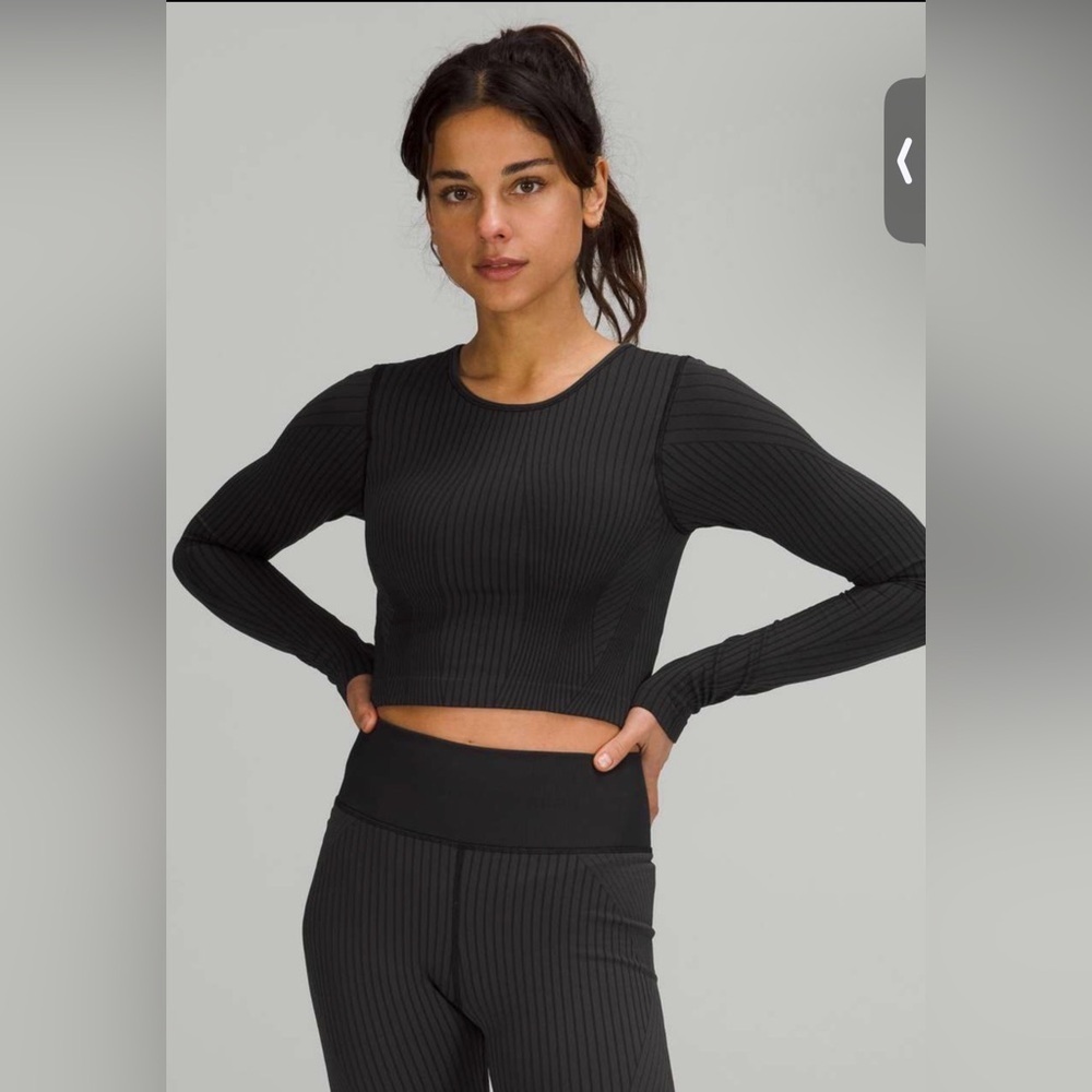 Lululemon Ebb to Street Cropped Ribbed Long Sleeve Top - black and graphite grey